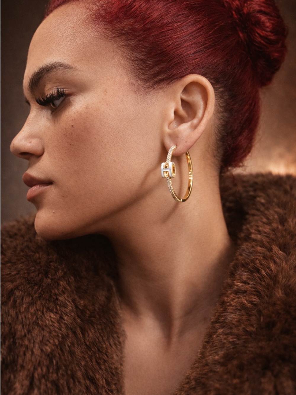 Gold Plated H Hoop Earrings with Pave Accent - Women Jewelry